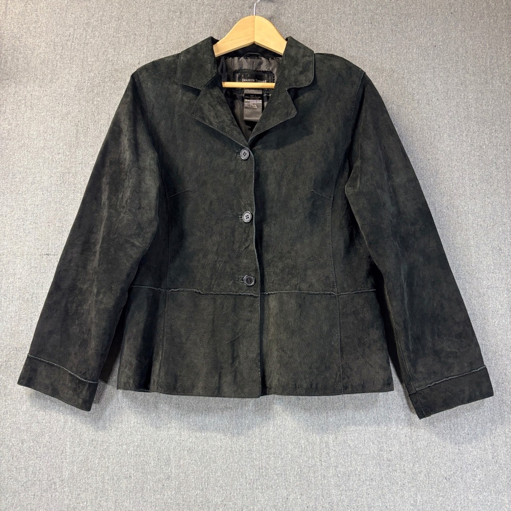 Brandon Thomas Vintage Black 100% Suede Leather Button Blazer Jacket Size L
